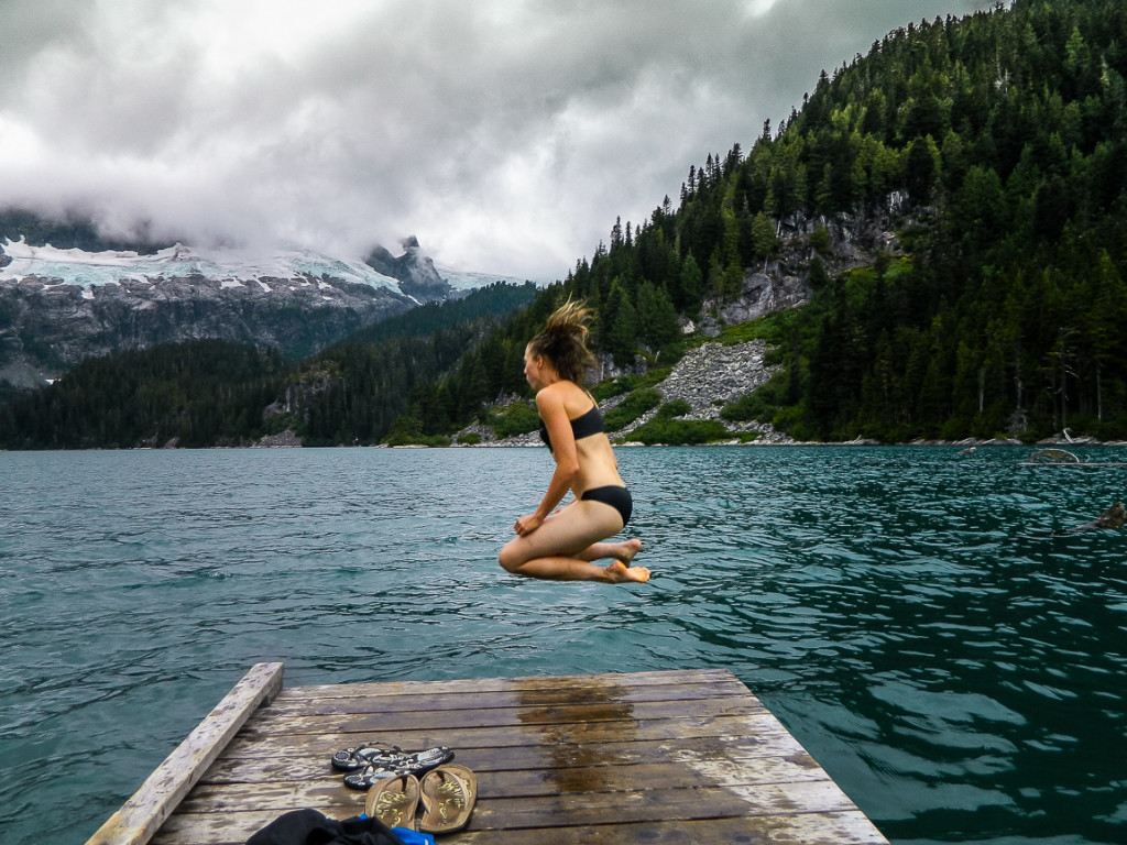 Taking an exceptionally cold swim in Lake Lovely Water to rinse off