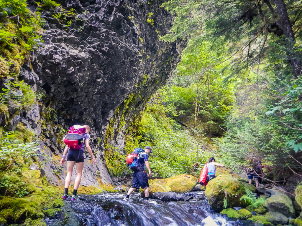 The hike in. Basalt rock features on one side, granite on the other.