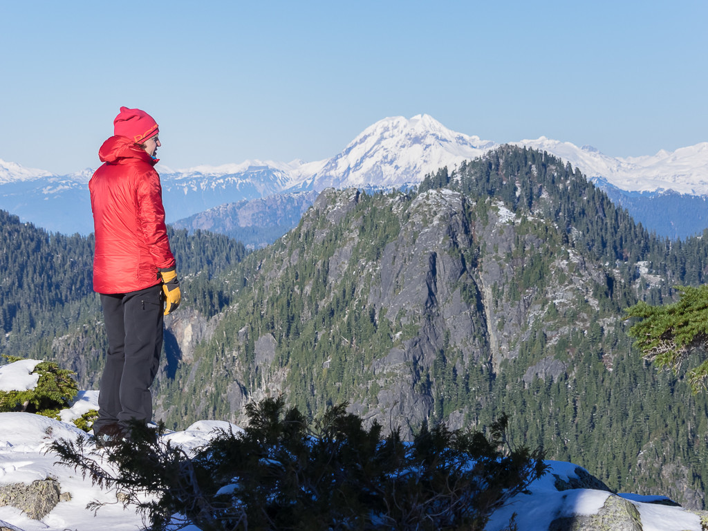 Sarah looking north towards Mount Garibaldi on the horizon.