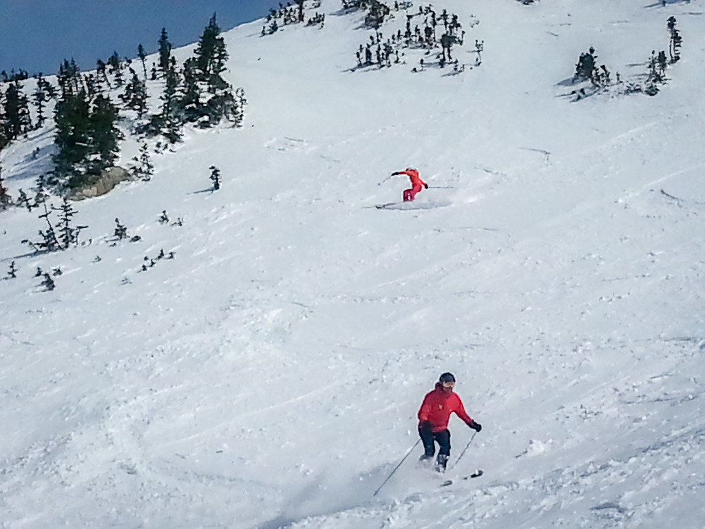 Spring skiing slopes steeper than anything she had skied before.